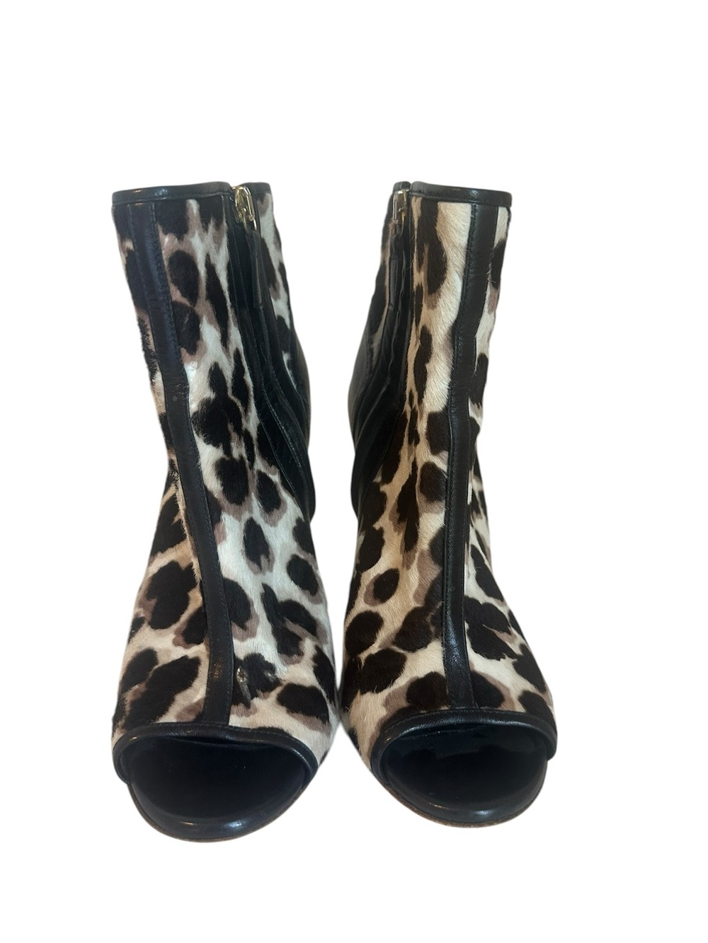 Leopard Print Peep-Toe Ankle Booties in Brown & Cream